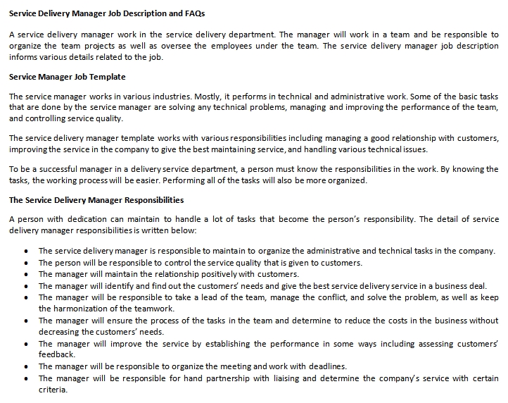 Job responsibilities of a service delivery manager
