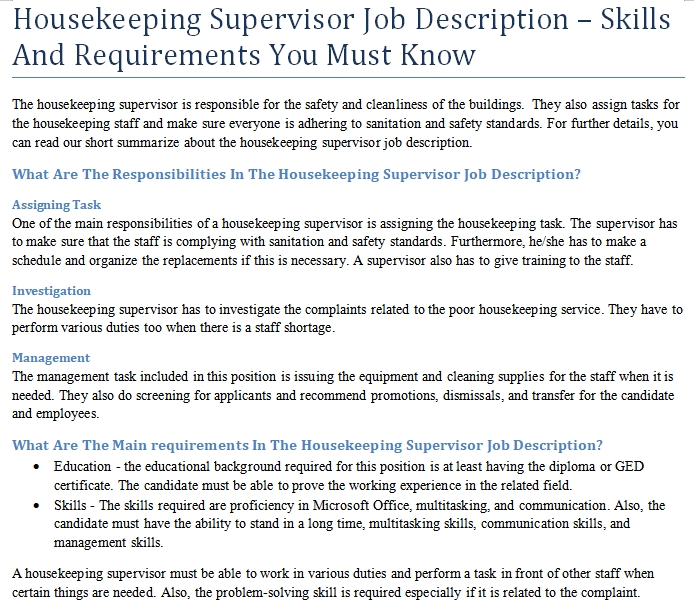 Job Description For A Housekeeping Supervisor