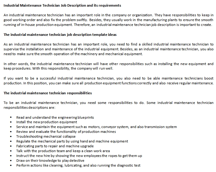 Industrial Maintenance Technician Job Description And Its Requirements 