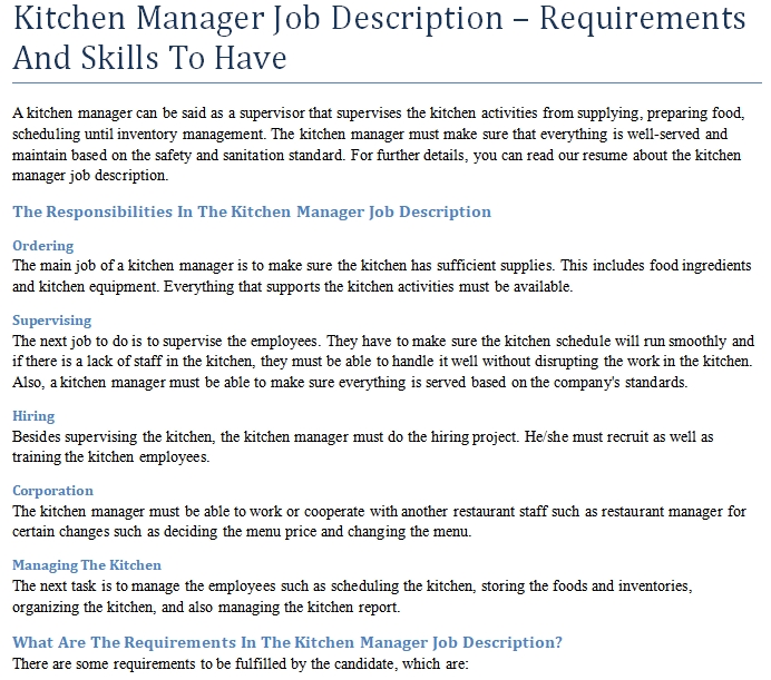 Kitchen Manager Job Description – Requirements And Skills To Have