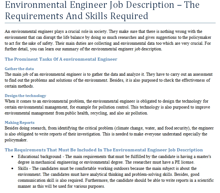 Environmental Engineer Job Summary