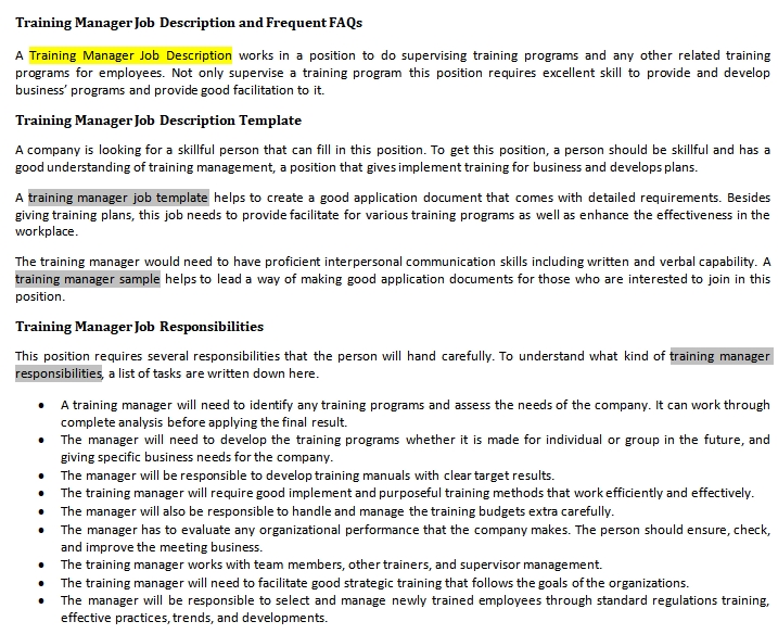 Manager technical training job description