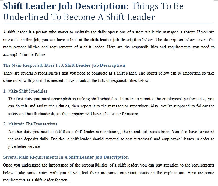 Shift Leader Job Description Things To Be Underlined To A Shift