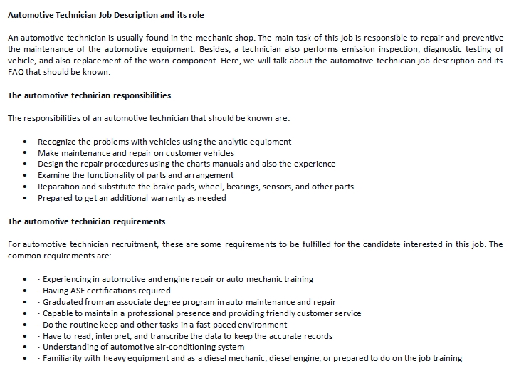 Automotive Technician Job Description