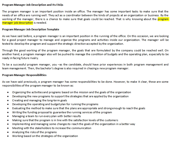 Program Manager Job Description Shop Fresh