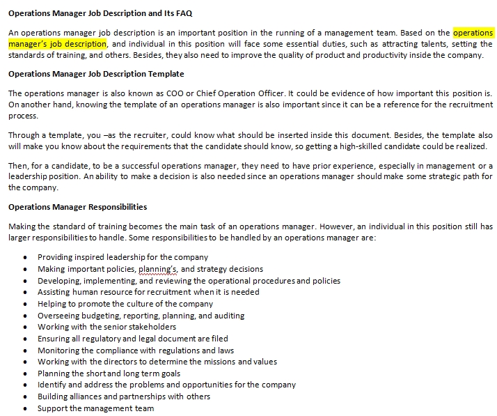 Automotive Operations Manager Job Description