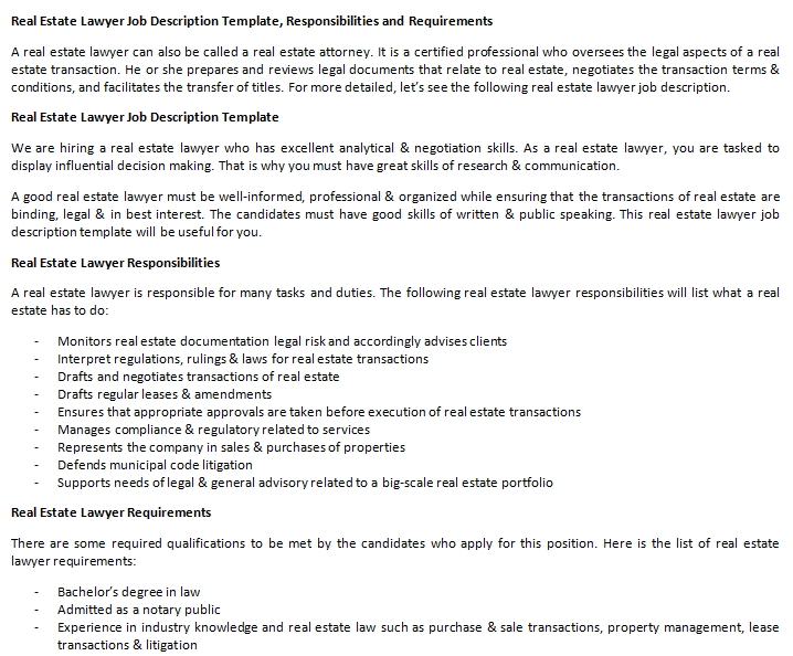 Real Estate Lawyer Job Description Template Responsibilities And 