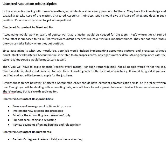 Job Description For Chartered Accountant