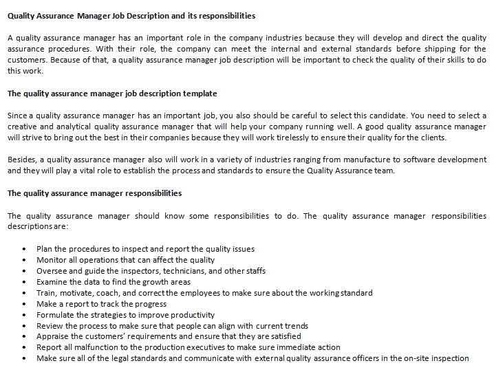 It quality assurance manager job description
