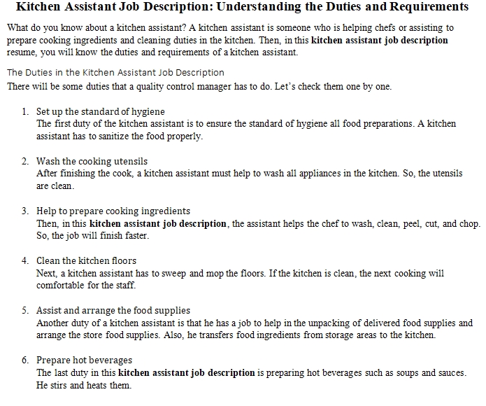 What Is The Duties Of A Kitchen Assistant