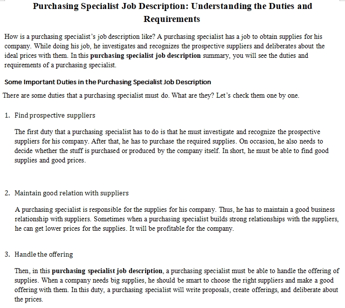 Purchasing specialist job duties