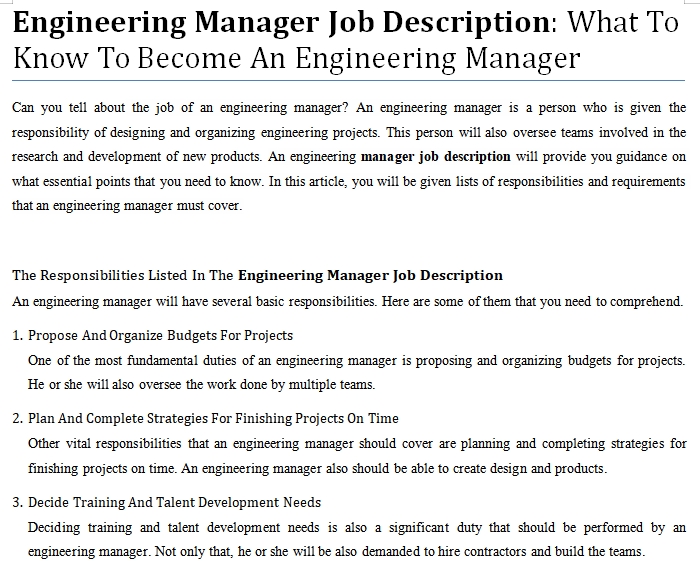 Engineering Manager Job Description