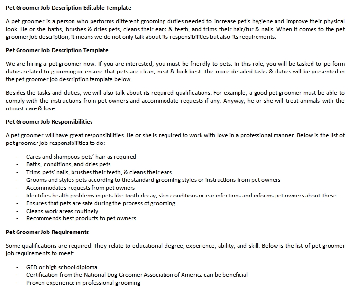 Pet Groomer Job Description Editable Template Shop Fresh