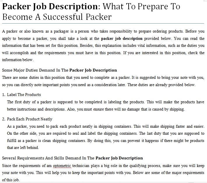 Packer Job Description What To Prepare To A Successful Packer