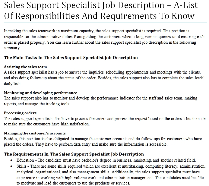 Sales Support Specialist Job Description A List Of Responsibilities 