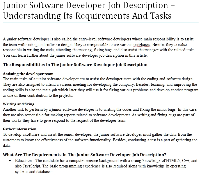 Junior Software Developer Job Description