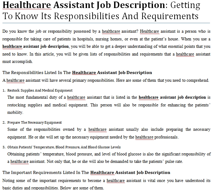 What Are The Duties Of Health Care Assistant