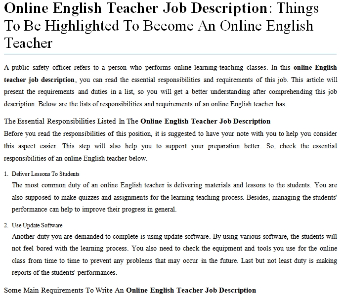 English Language Arts Teacher Job Description