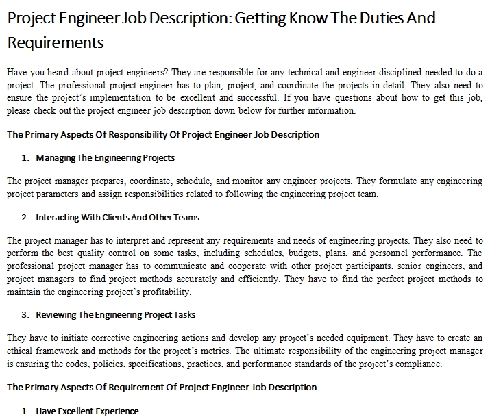 Job Description Summary For Project Engineer