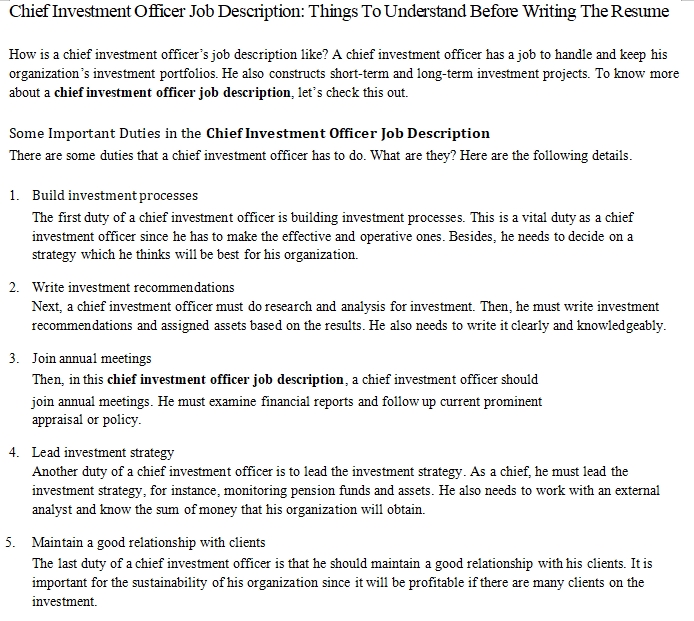 Chief Investment Officer Job Description Things To Understand Before 