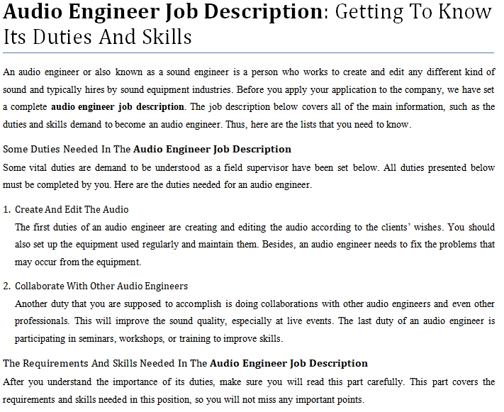 Broadcast and sound engineering technician job description