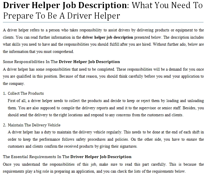 Driver Helper Job Description What You Need To Prepare To Be A Driver 