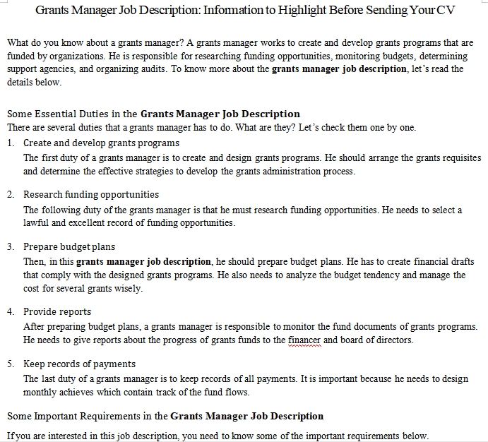 Grants Manager Job Description Information To Highlight Before Sending 