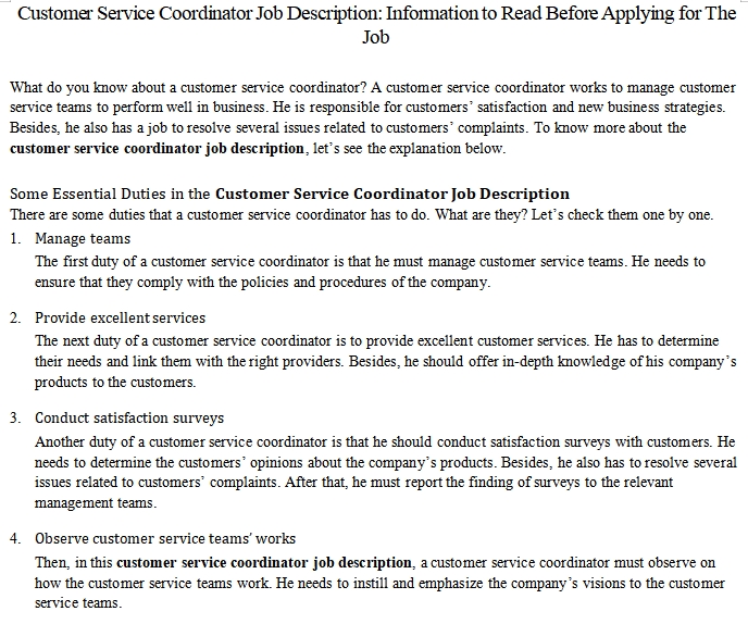 Customer Service Coordinator Job Description Information To Read 