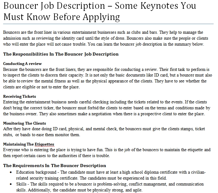Job description for bouncers at clubs