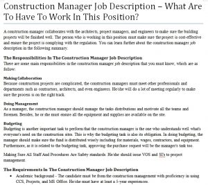 Construction Manager Job Description – What Are To Have To Work In This