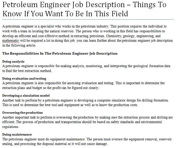 Oil field service engineer job description