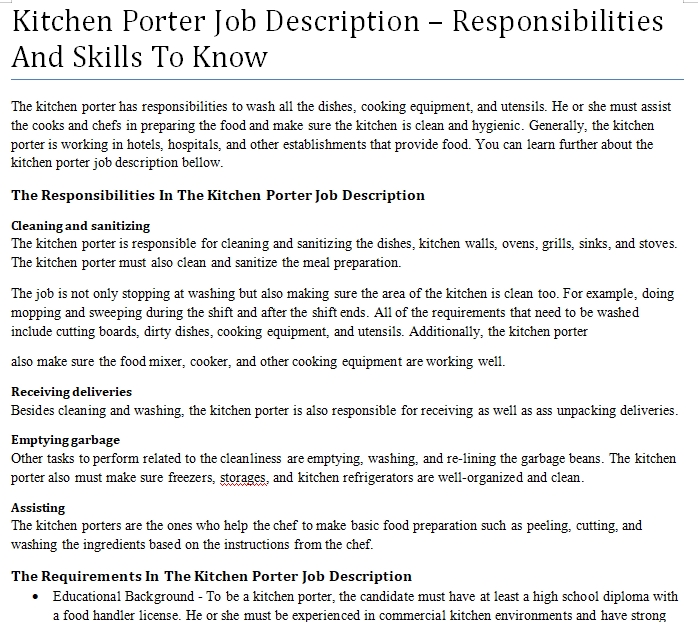 Kitchen Porter Job Description – Responsibilities And Skills To Know