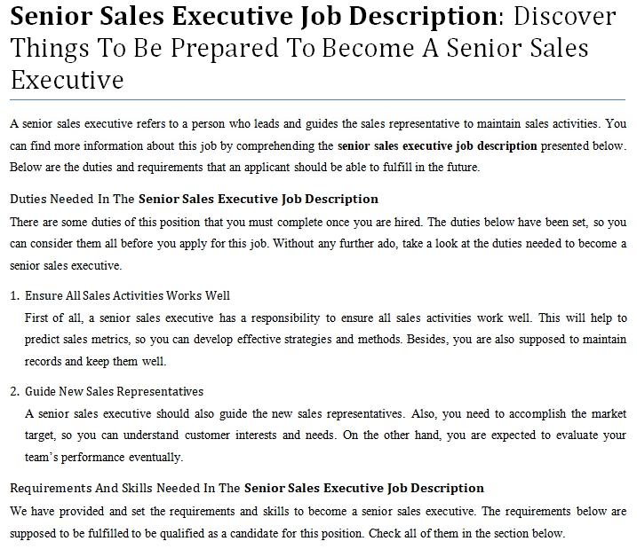 Senior Sales Executive Job Description Pdf