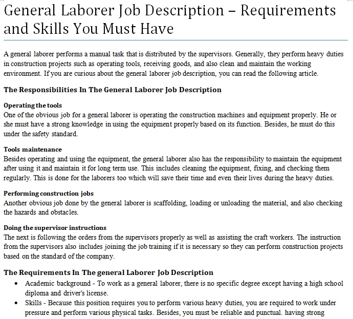 General Laborer Job Description – Requirements and Skills You Must Have