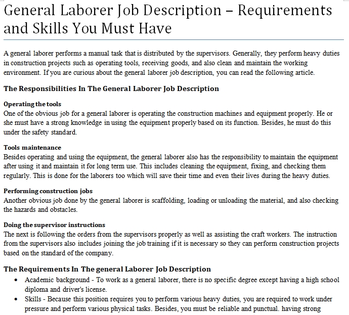 General Laborer Job Description Requirements And Skills You Must Have 