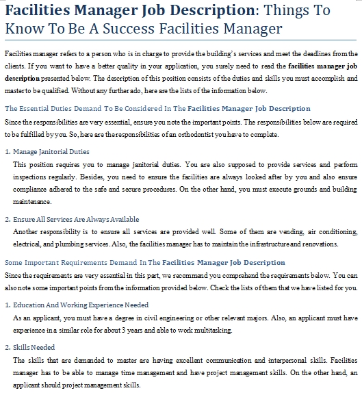 Facilities manager description job