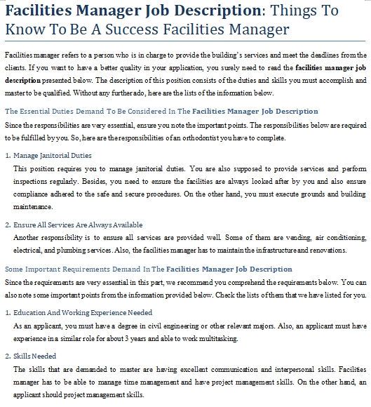 Hard Services Facilities Manager Job Description