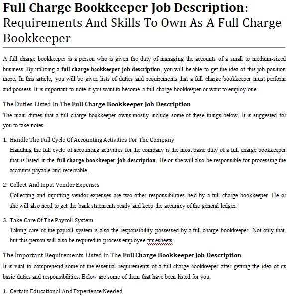 Full Charge Bookkeeper Job Description Requirements And Skills To Own 