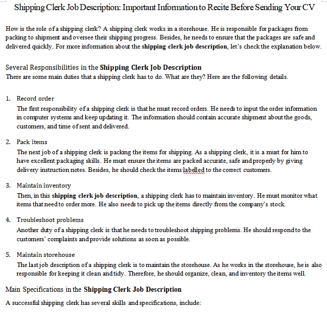 Shipping Clerk Job Description Important Information to Recite Before