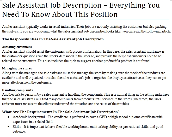 Sale Assistant Job Description Everything You Need To Know About This