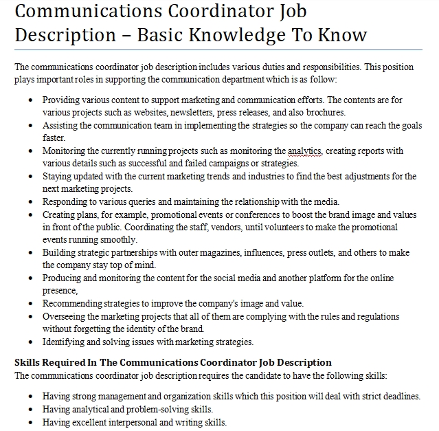 Communications Coordinator Job Description Basic Knowledge To Know 