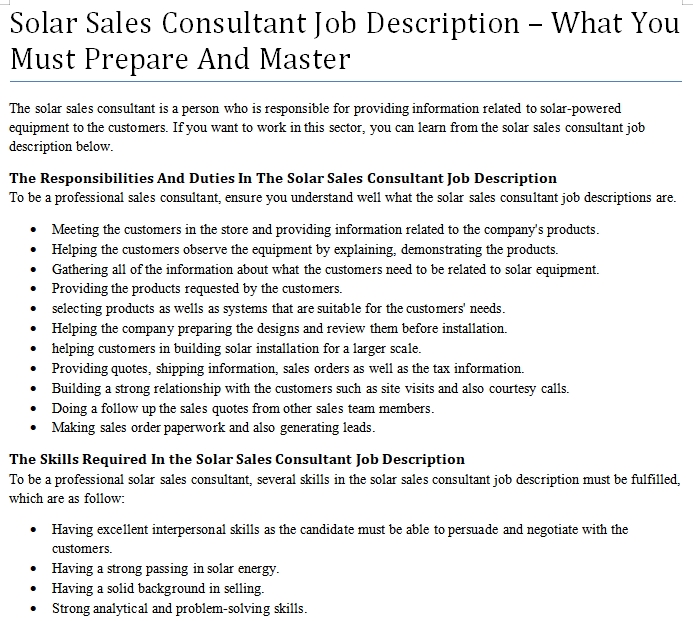 Solar Sales Consultant Job Description What You Must Prepare And 