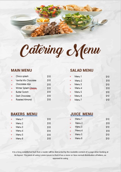 Sample Menu List For Catering