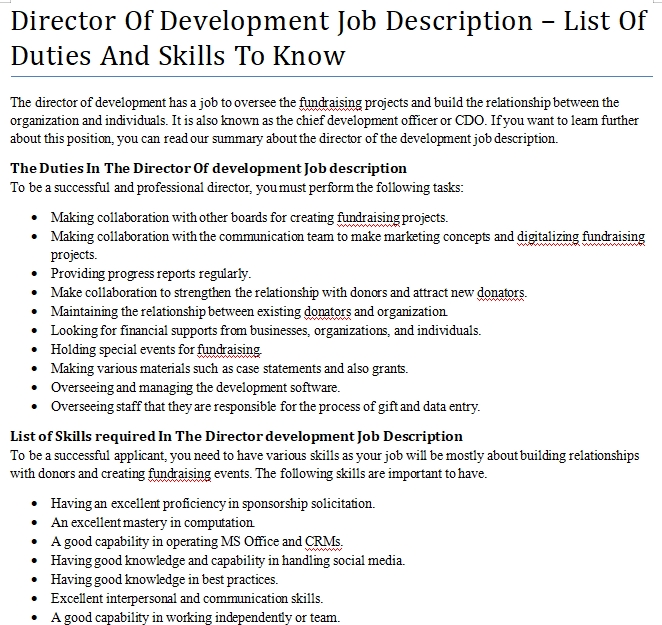 Job description development director university