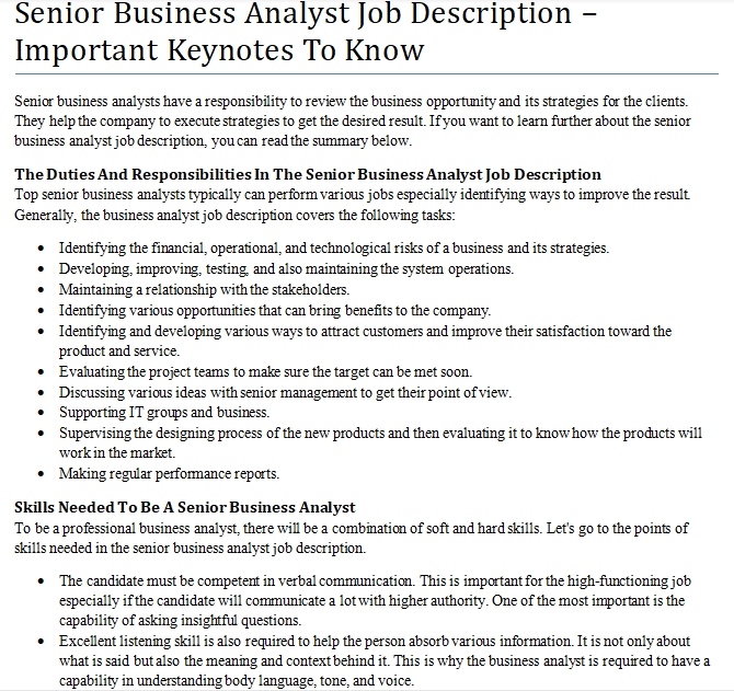 Senior Business Analyst Job Description Template