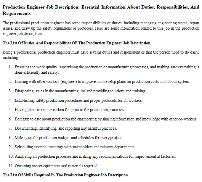 Production Engineer Job Specification