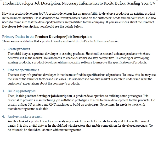 Product Developer Job Description Necessary Information To Recite 