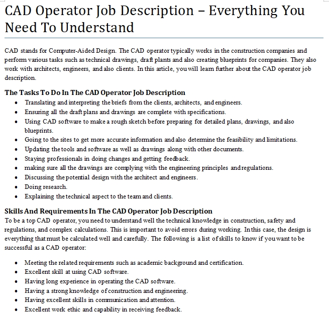 Cad Cam Operator Job Description