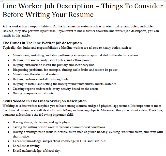 Overhead linesperson job description