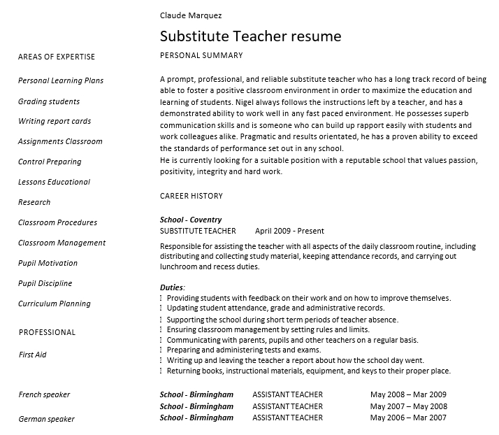 resume sample substitute teacher